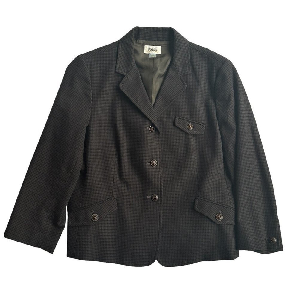 Fossil Blazer Jacket Women's Size 6 Brown‎ Plaid Lined Equestrian Button Pockets